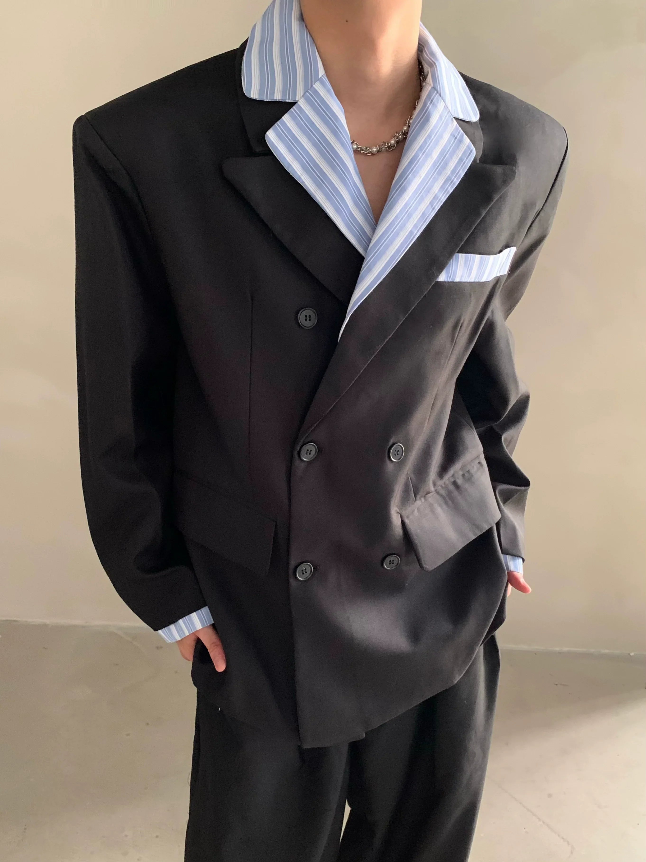 Niche high-end Miu striped shirt collar shoulder padded suit men's ruffian handsome suit jacket FE0585