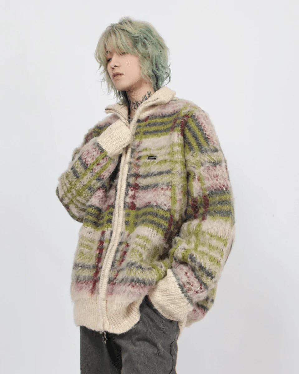 [Mz] striped zipper cardigan sweater knit FE0664