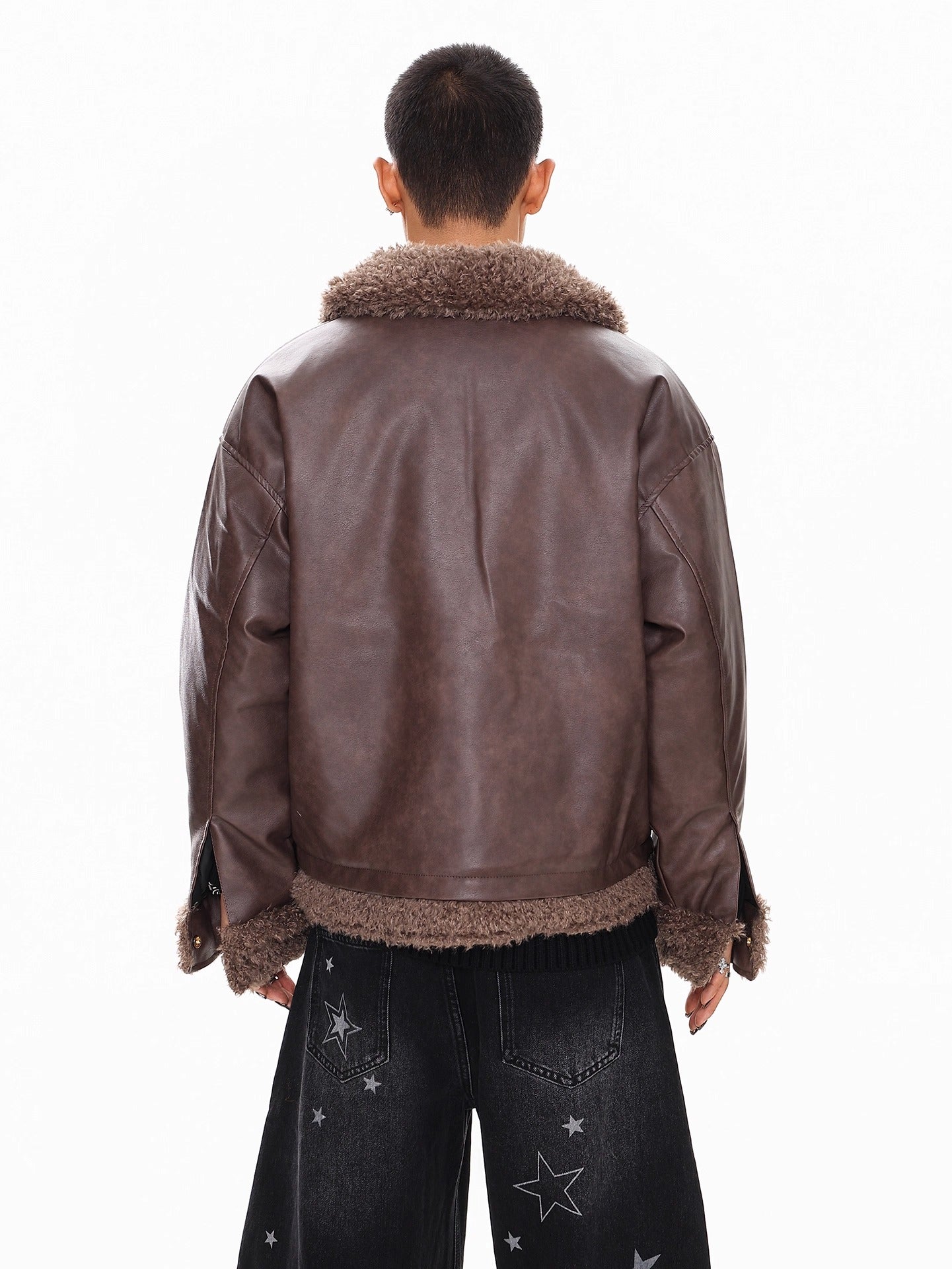 FAUX LEATHER SHEARLING-COLLAR JACKET  FE0143