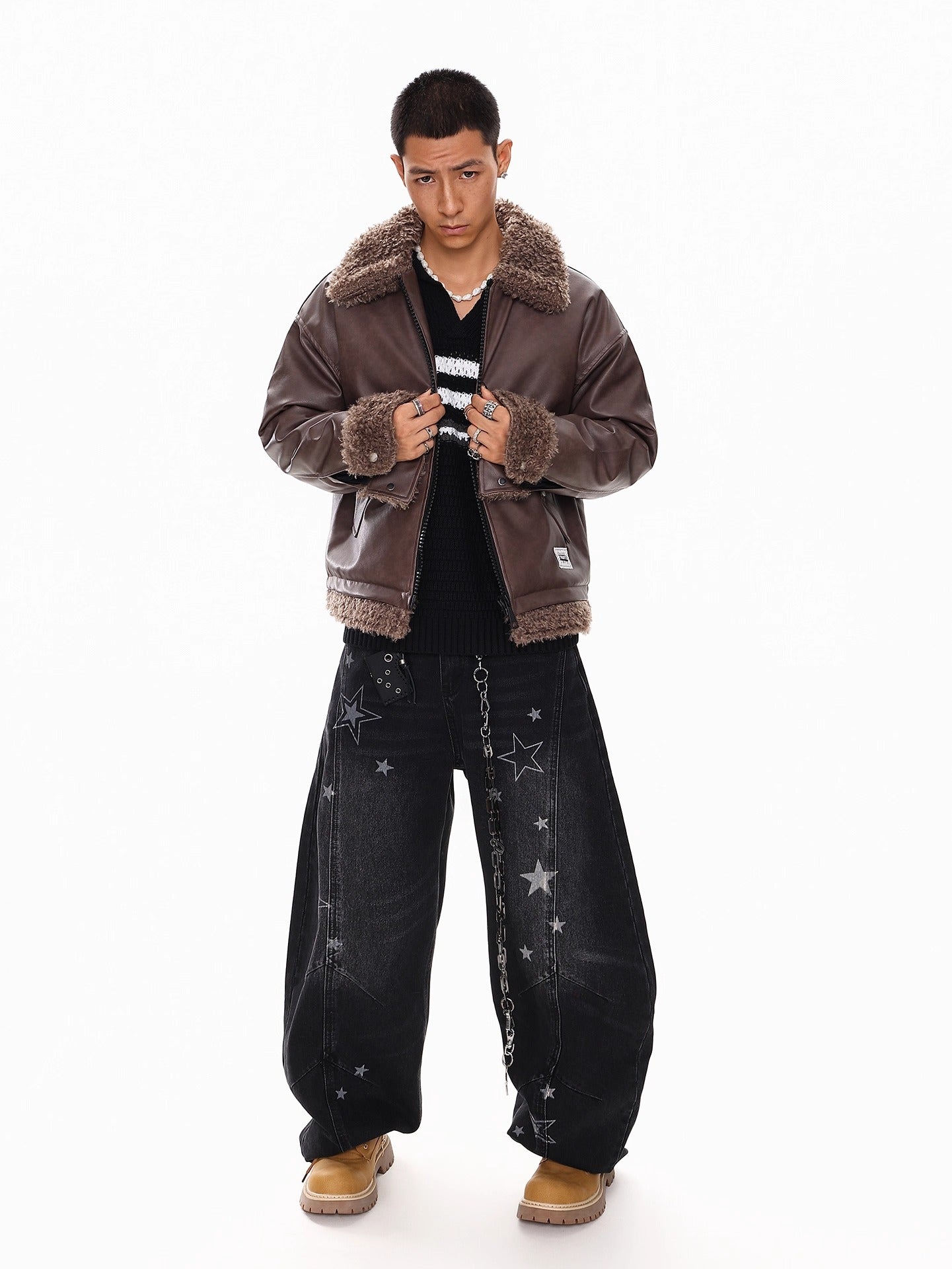 FAUX LEATHER SHEARLING-COLLAR JACKET  FE0143