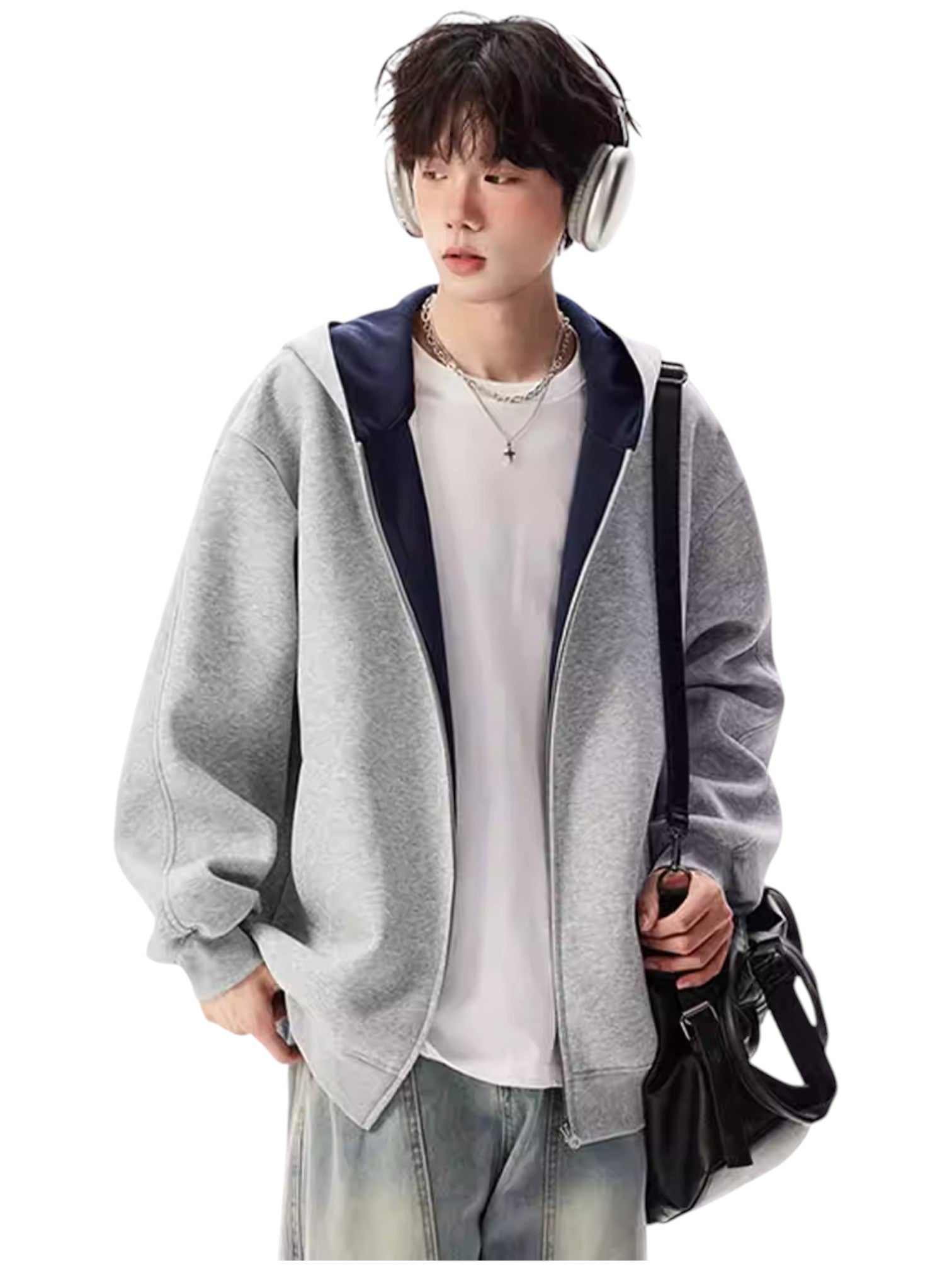 FAUX TWO-PIECE HOODED LOOSE JACKET  FE0215