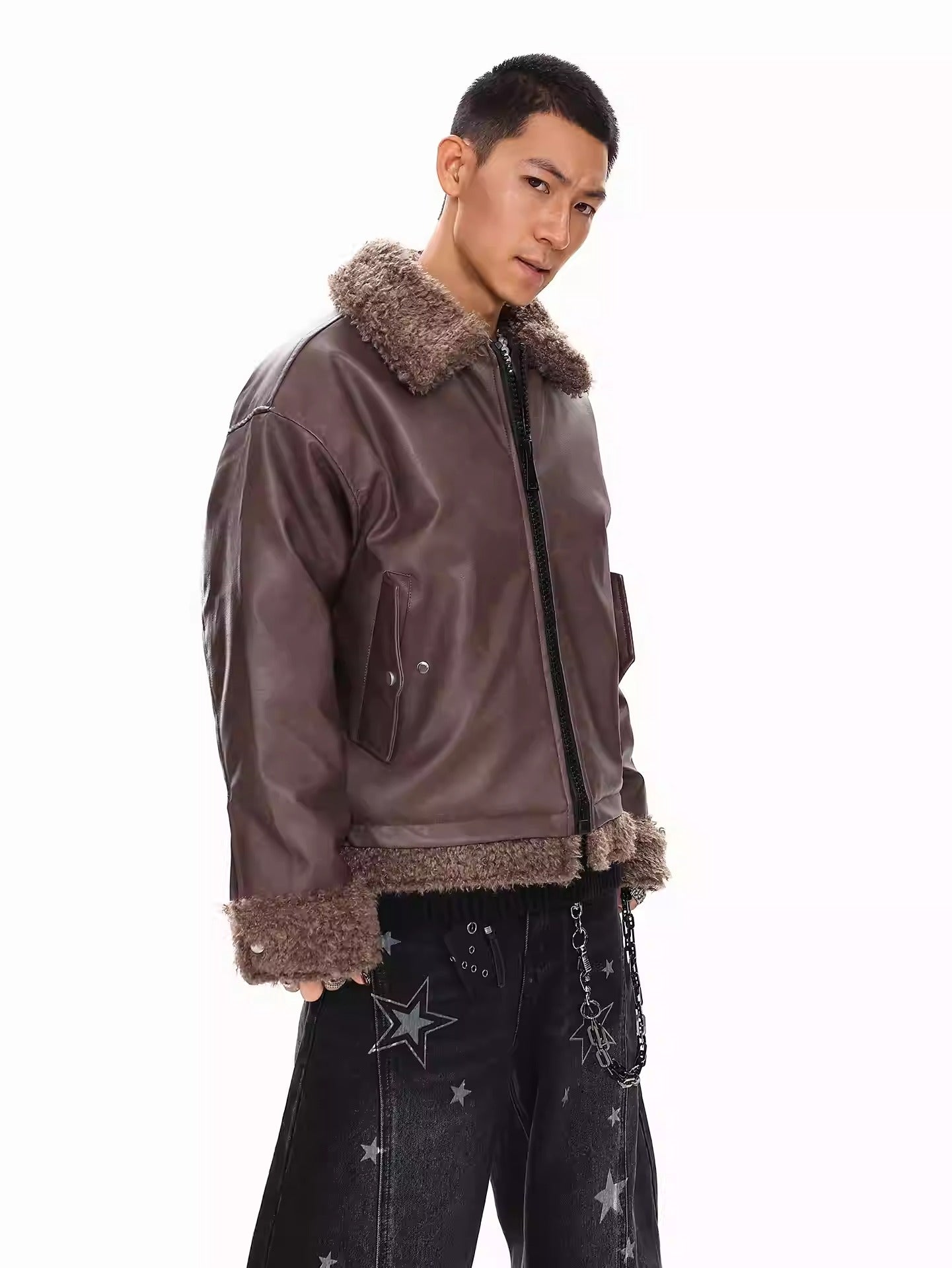 FAUX LEATHER SHEARLING-COLLAR JACKET  FE0143