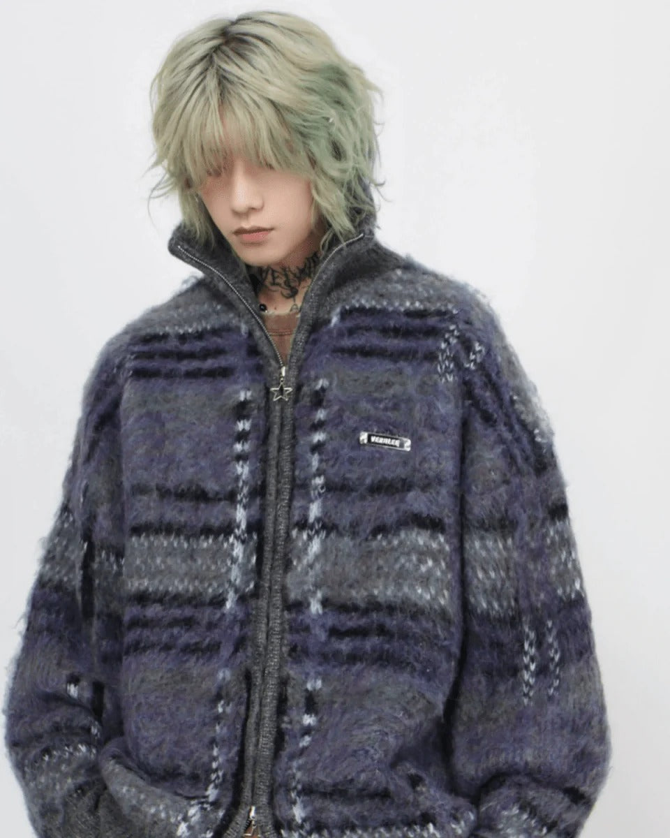 [Mz] striped zipper cardigan sweater knit FE0664